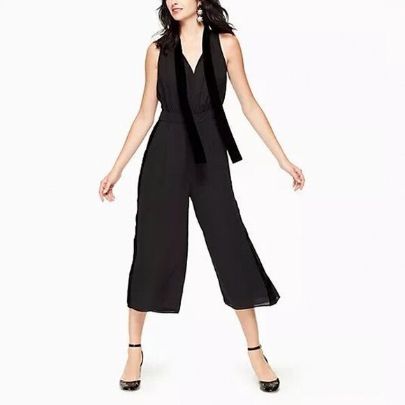 Kate Spade Black Tie Neck Jumpsuit, Cropped Wide Leg with Velvet Trim, sz 6 - Picture 1 of 9